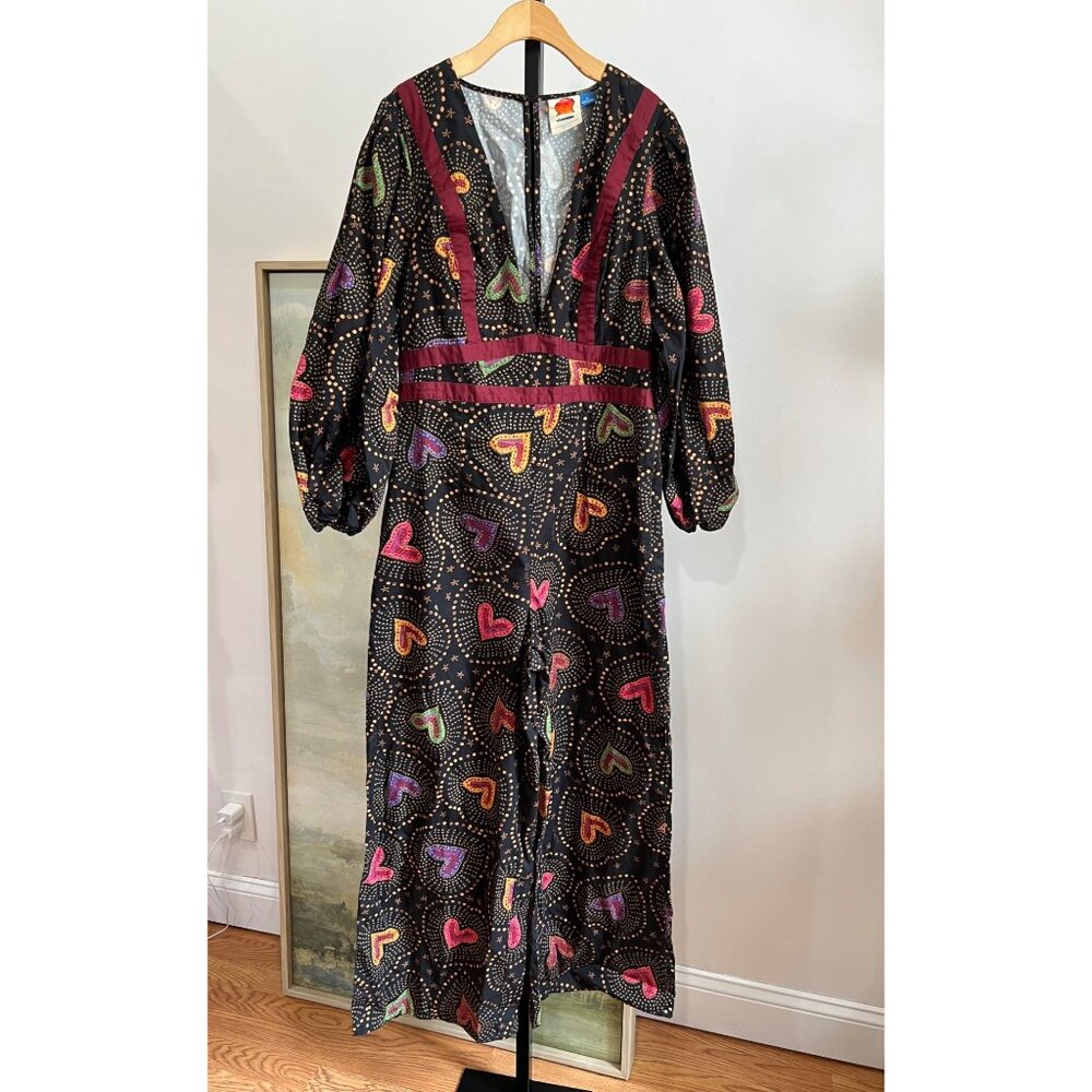 Anthropologie Farm Rio Deep-V Hearts Print Wide-Leg Jumpsuit Size Medium - Picture 6 of 7